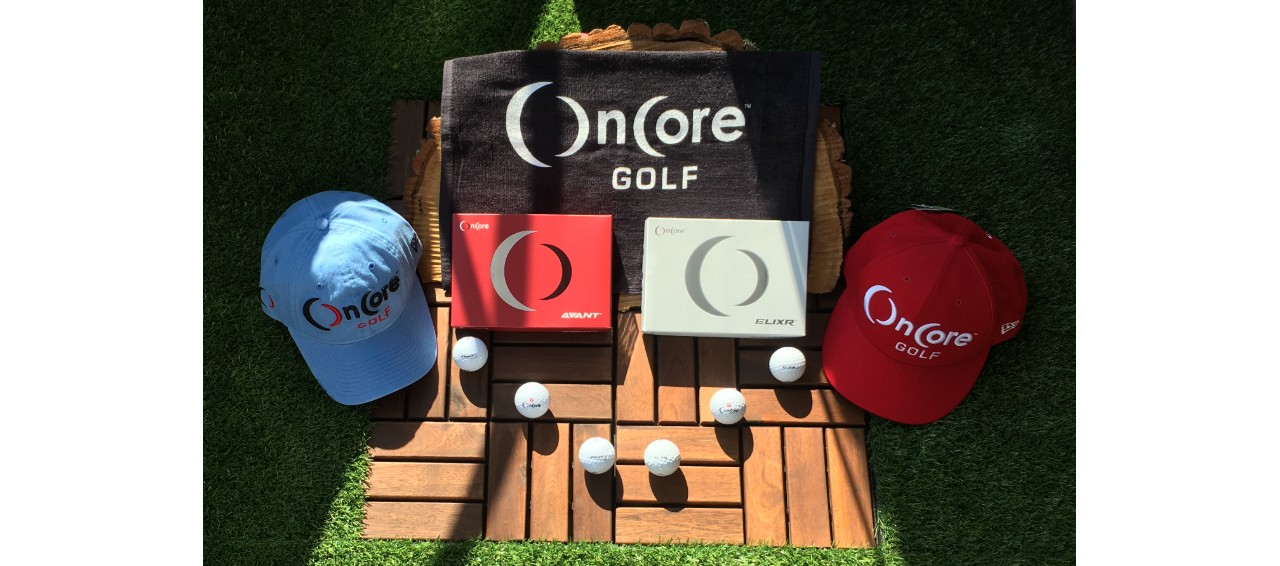 OnCore Golf produkter: ELIXR, AVANT, rød og hvid kasket